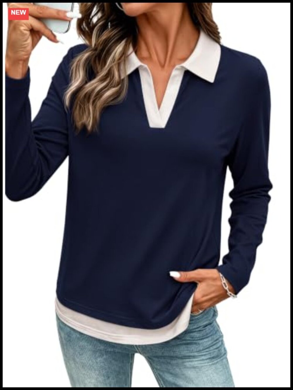 Women's Long Sleeve Color Block Polo T-Shirt Knit Lightweight